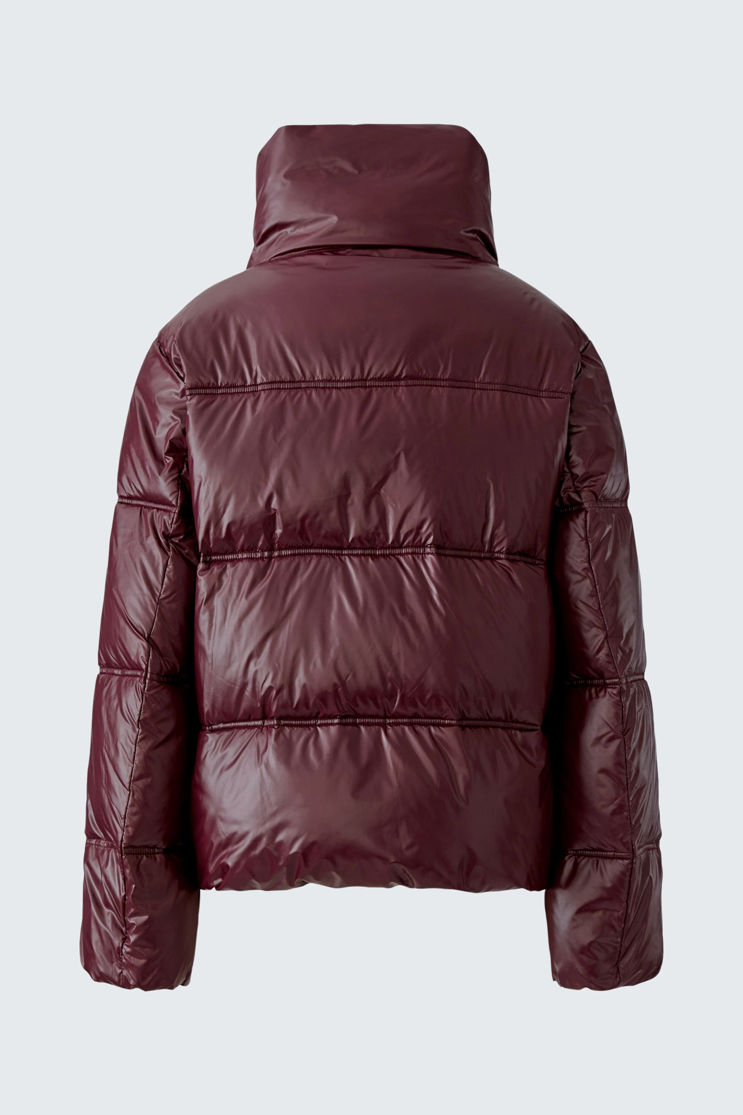 Women's outdoor jacket: Burgundy puffer jacket with high collar, perfect for cold weather.
