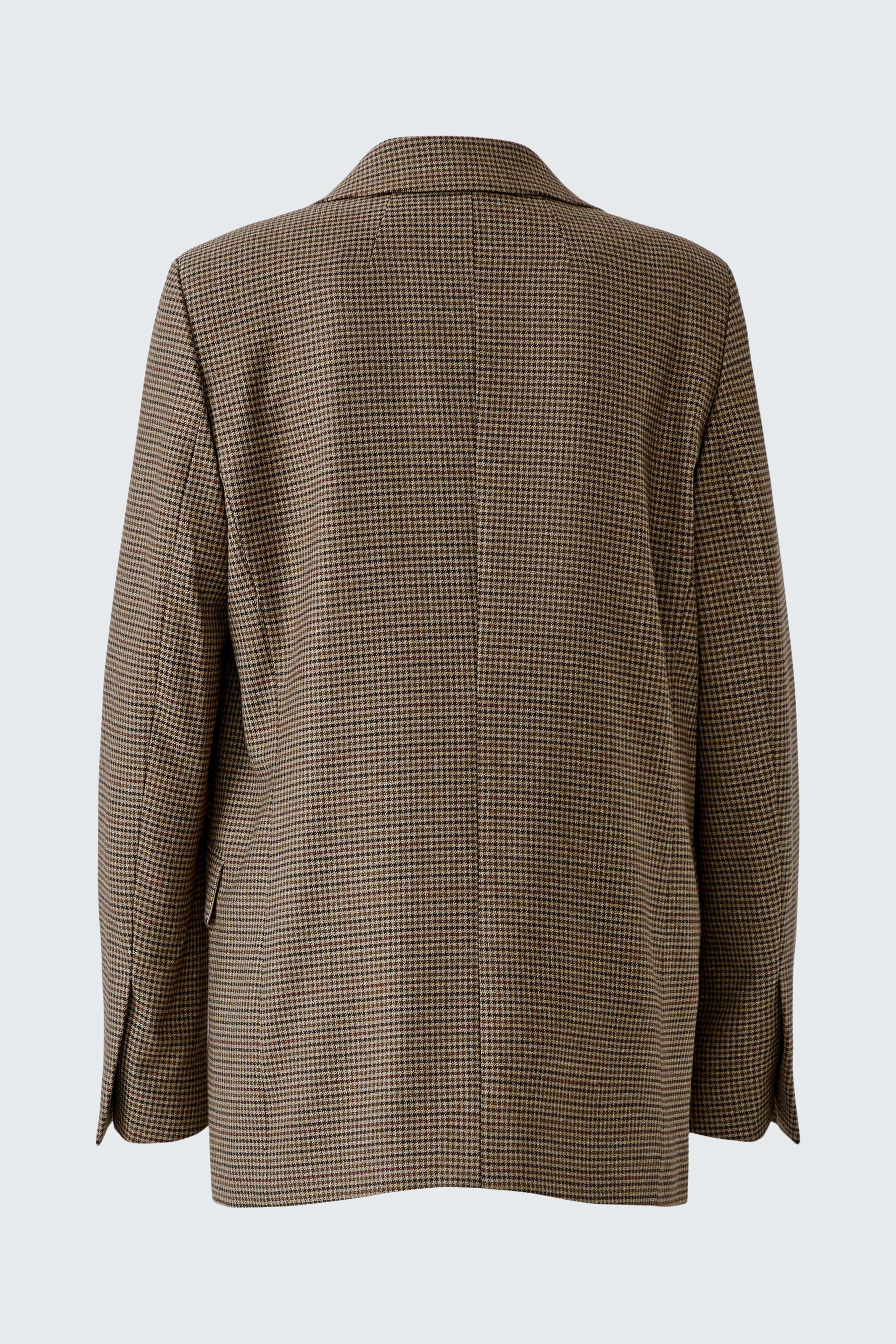 Klassischer Damen-Blazer in Braun: Rückansicht ohne Model, zeigt feines Muster und geraden Schnitt.