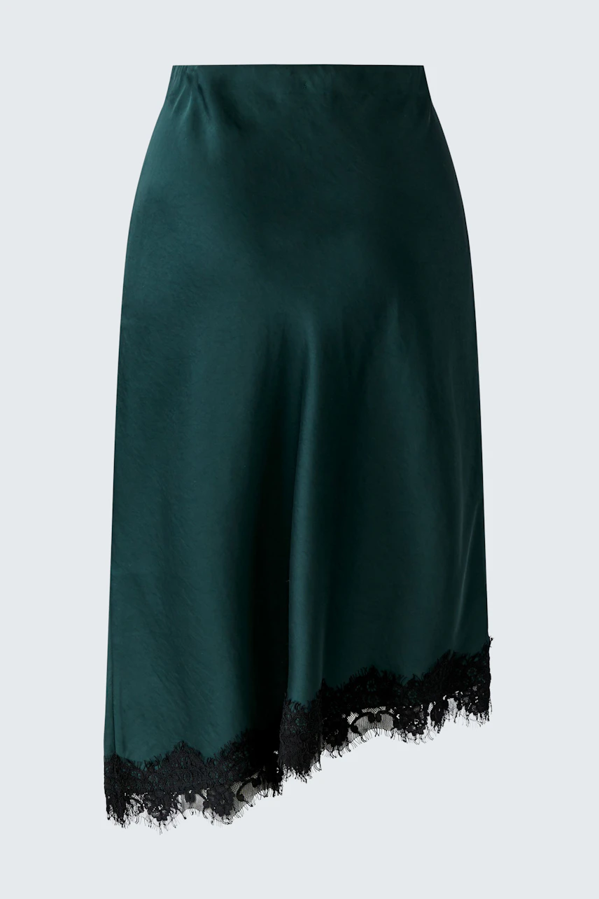 Green pencil skirt with black lace hem, no model shown. Simple and stylish for versatile wear.