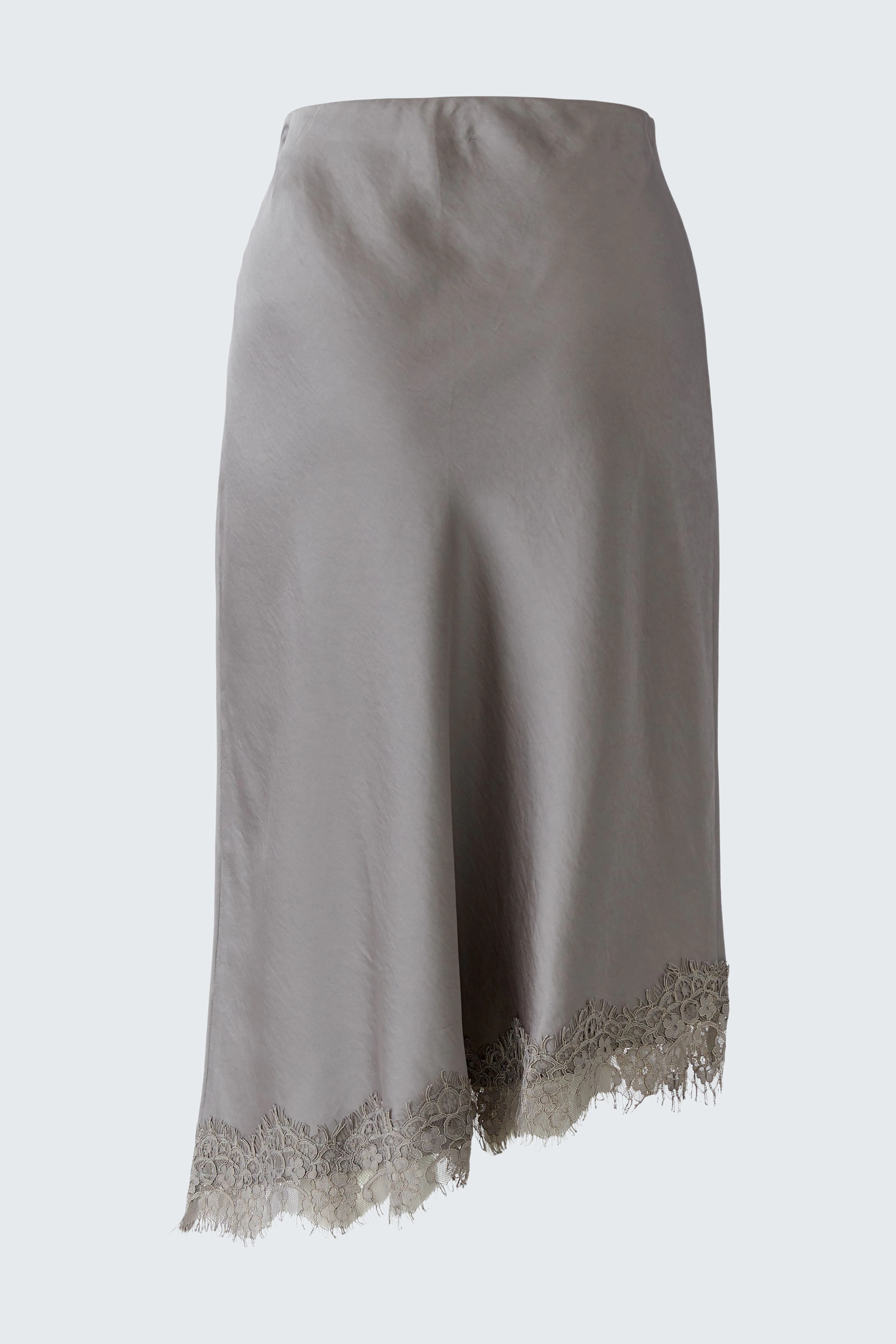 Grey pencil skirt with lace hem, no model shown. Simple and stylish for versatile wear.