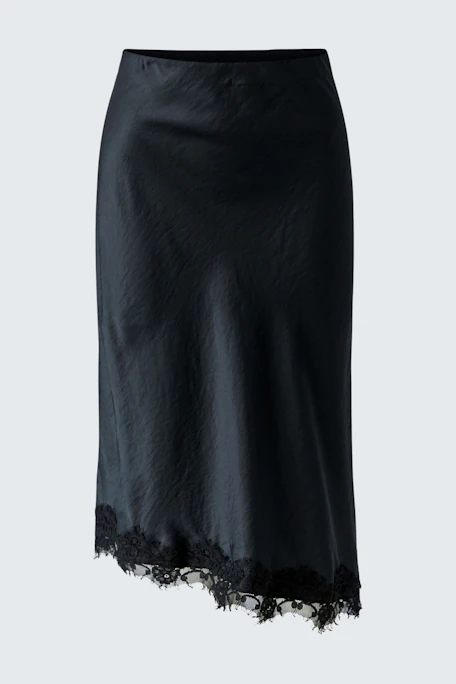 Black pencil skirt with lace hem, perfect for versatile styling. No model, just the skirt.