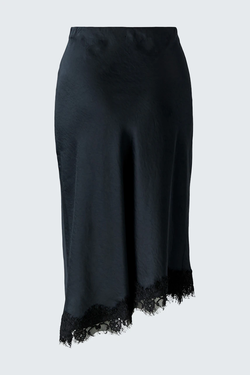 Black pencil skirt with lace hem, perfect for versatile styling. No model, just the skirt.