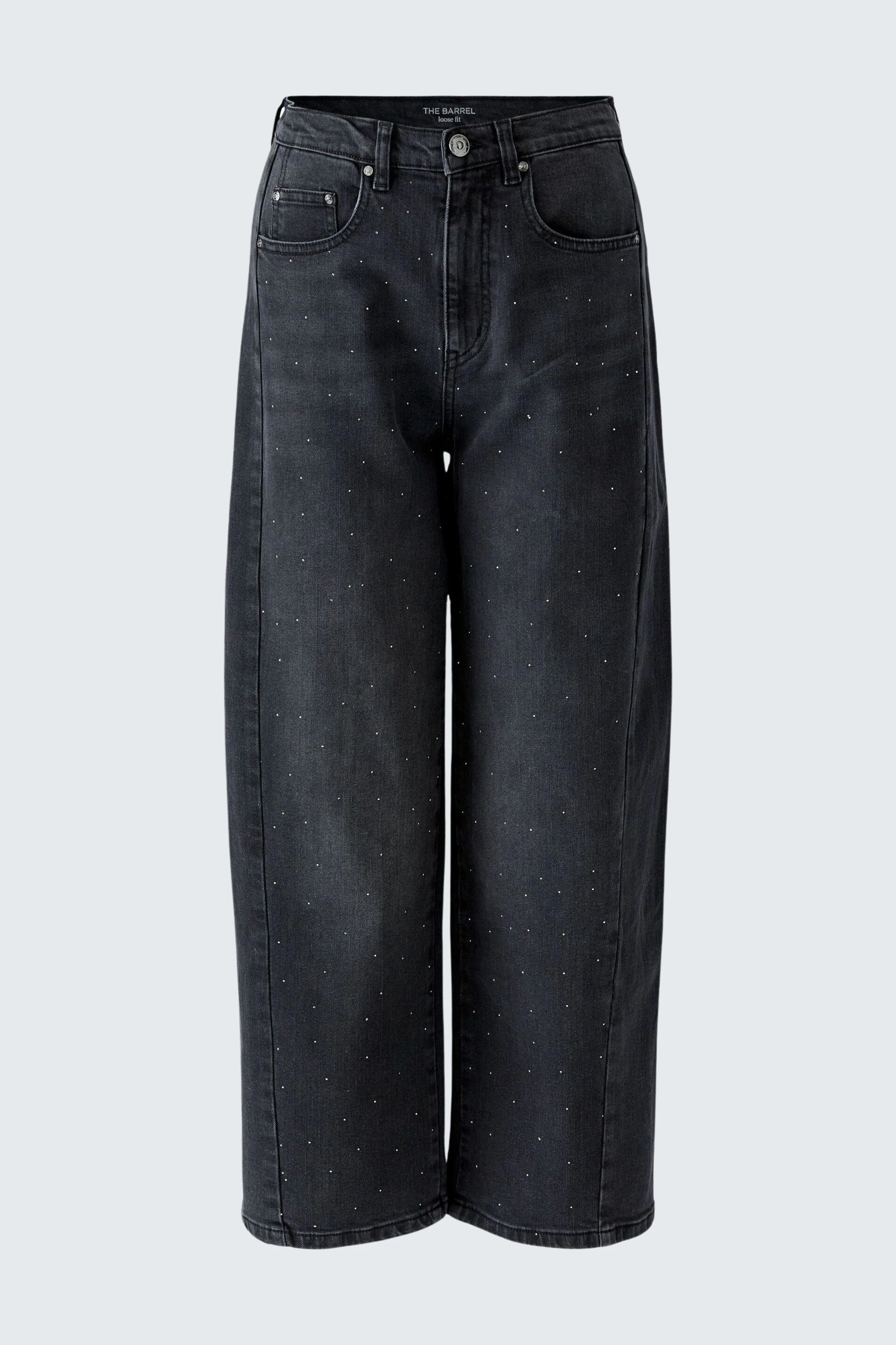 Jeans Barrel: Weite, schwarze Damenjeans ohne Model, mit geradem Schnitt und dezentem Punktmuster.