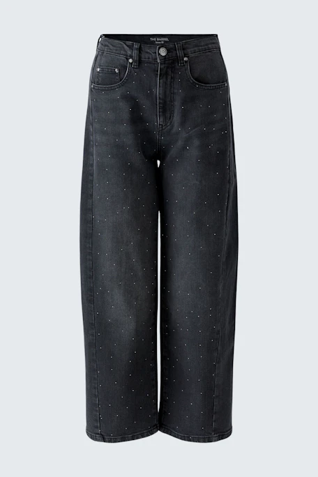 Jeans Barrel: Weite, schwarze Damenjeans ohne Model, mit geradem Schnitt und dezentem Punktmuster.