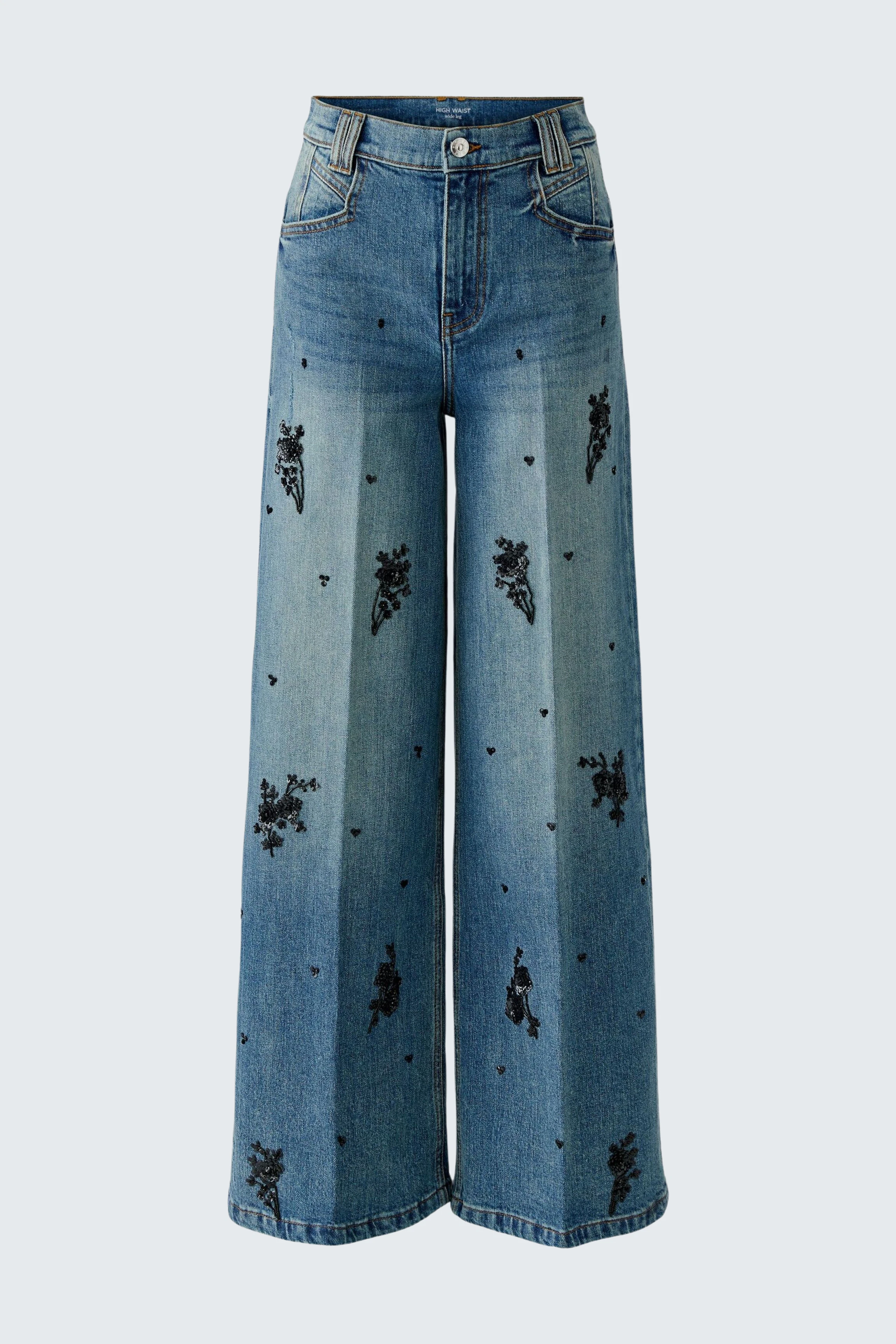 Jeans Wide Leg: Weite Damenjeans mit floralem Muster, ideal für einen lässigen Look.