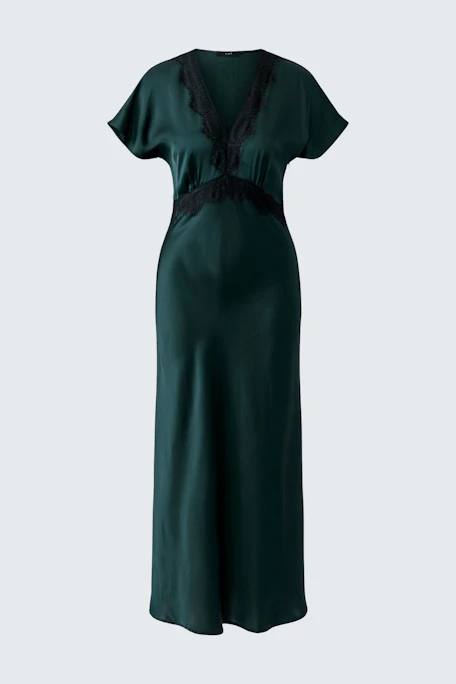 Langes Damen-Kleid in Dunkelgrün mit Spitzen-Details am Ausschnitt, ohne Model präsentiert.