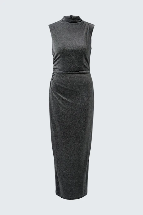 Ärmelloses Damen-Kleid in Schwarz: Figurbetontes Design mit hohem Kragen, ideal für vielseitige Anlässe.