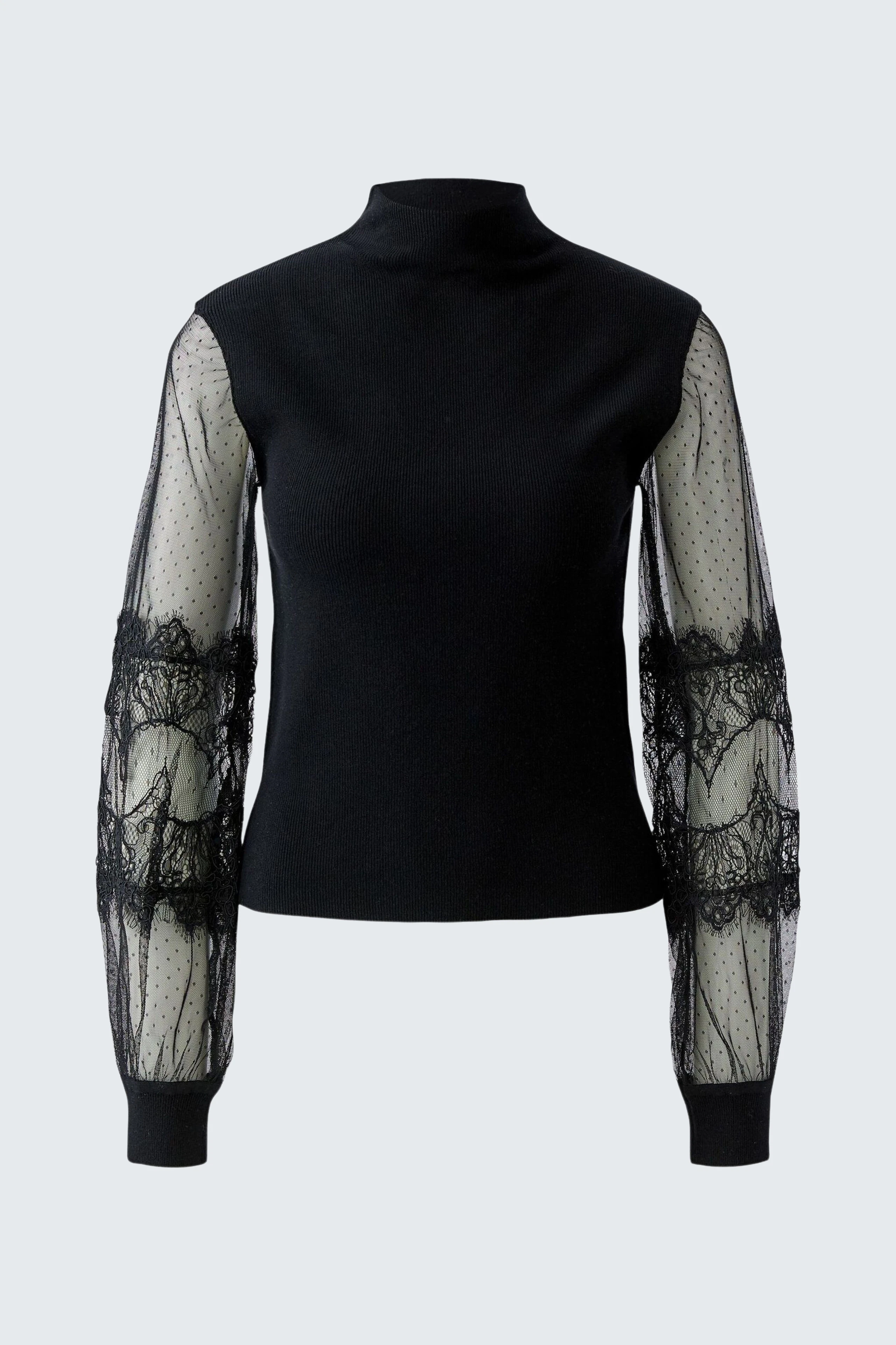 Schwarzer Damen-Pullover mit transparenten Ärmeln und Spitzenakzenten, ohne Model präsentiert.