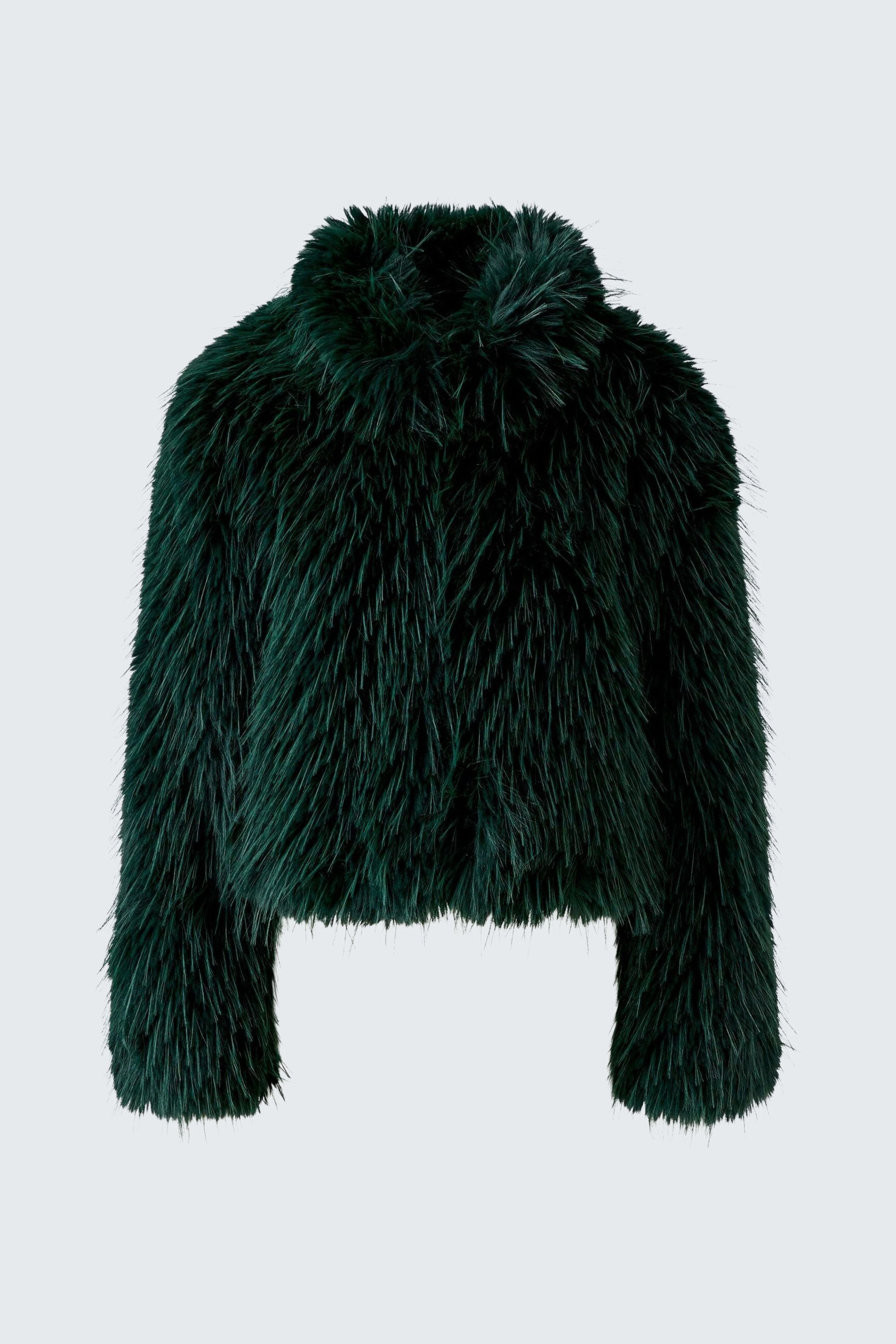 Green faux fur jacket: Fluffy texture, perfect for a bold, cozy look. No model, just the jacket.