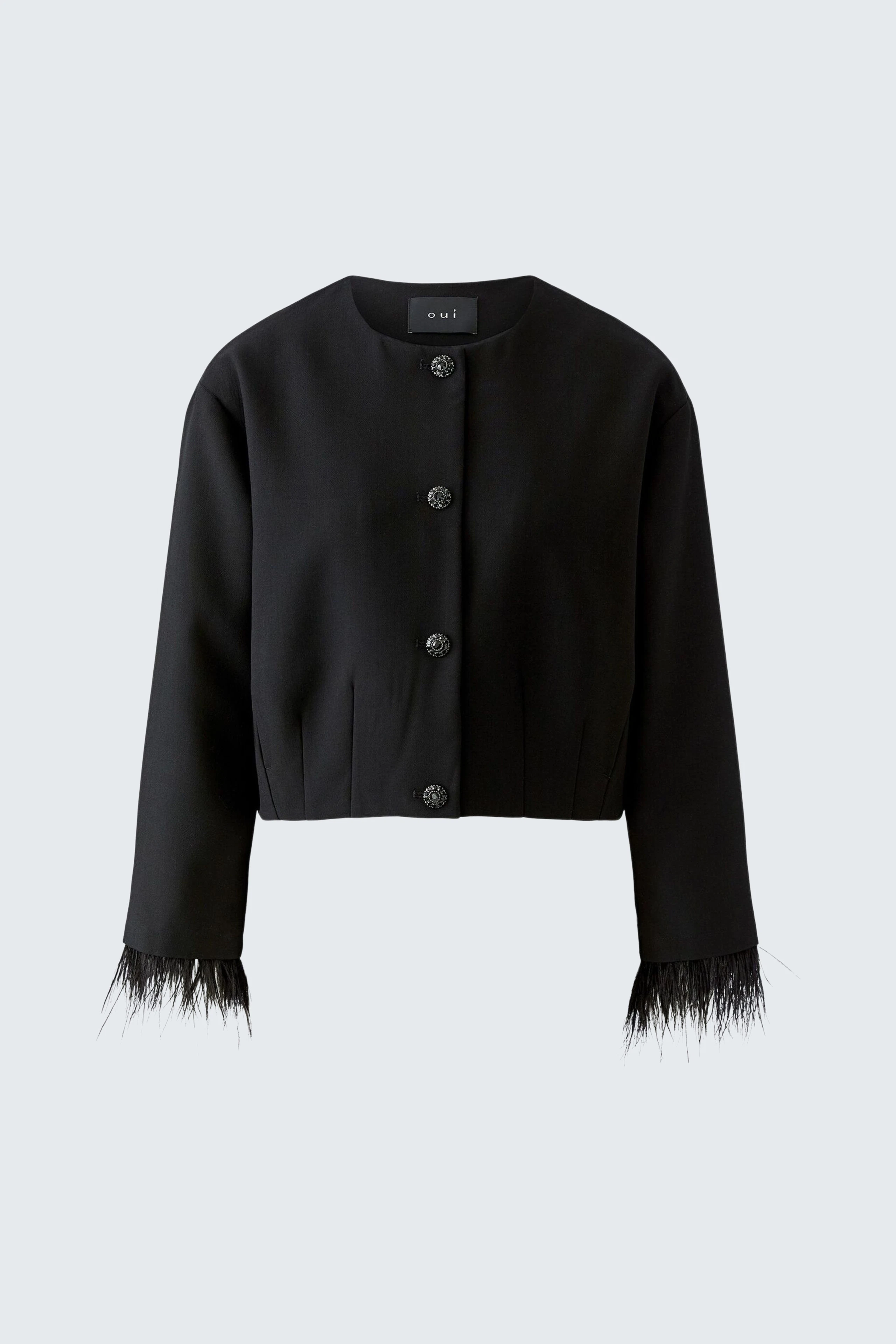 Schwarze Damen-Jacke: Kurze Jacke mit Knöpfen und Fransen an den Ärmeln, schlicht und vielseitig kombinierbar.