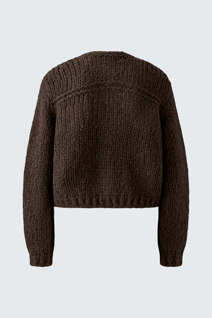 Cozy knit cardigan in dark brown, showcasing a textured pattern. Perfect for layering in cooler weather.
