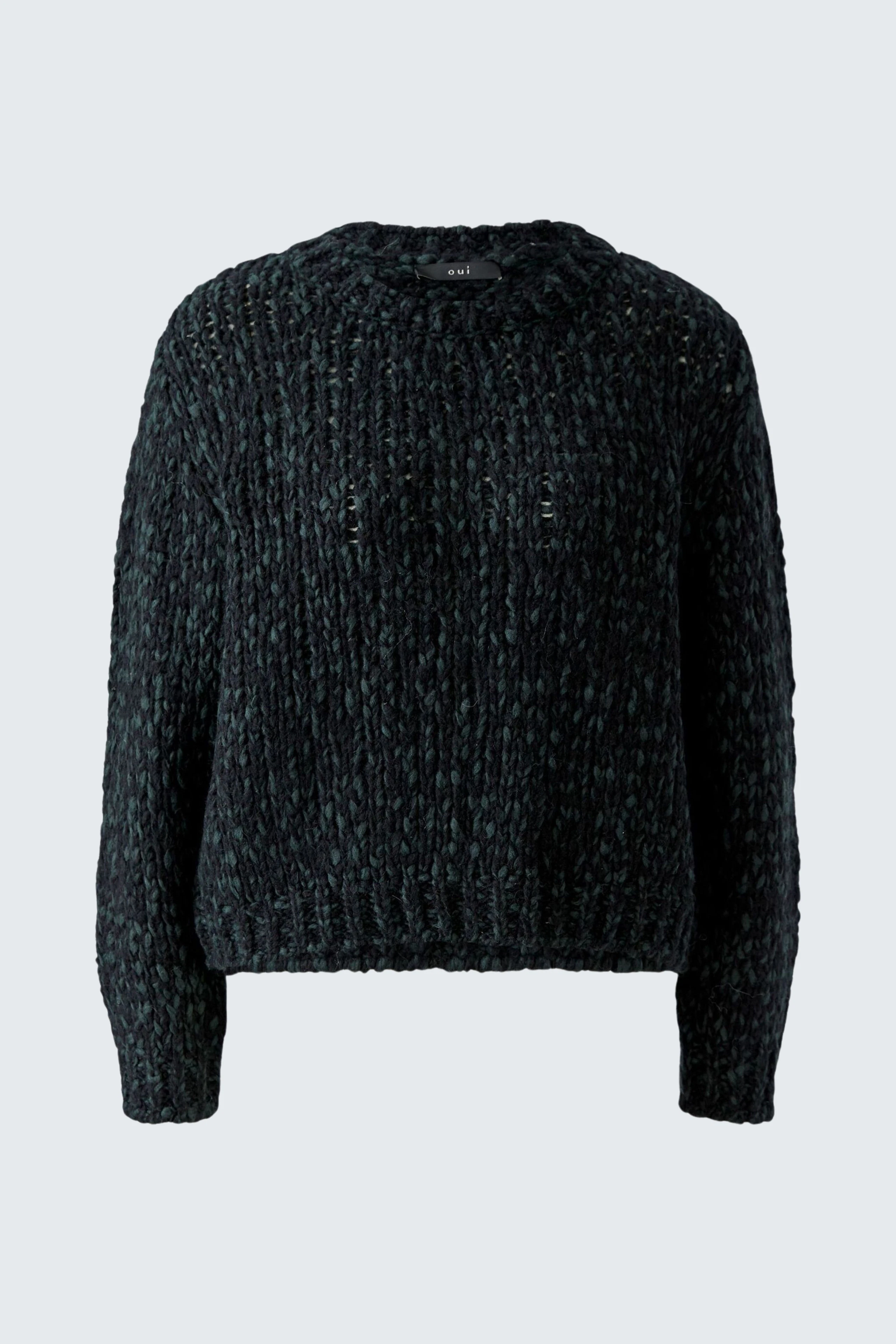 Gemütlicher Damen-Pullover: Dunkler Strickpullover ohne Model, ideal für kühle Tage.