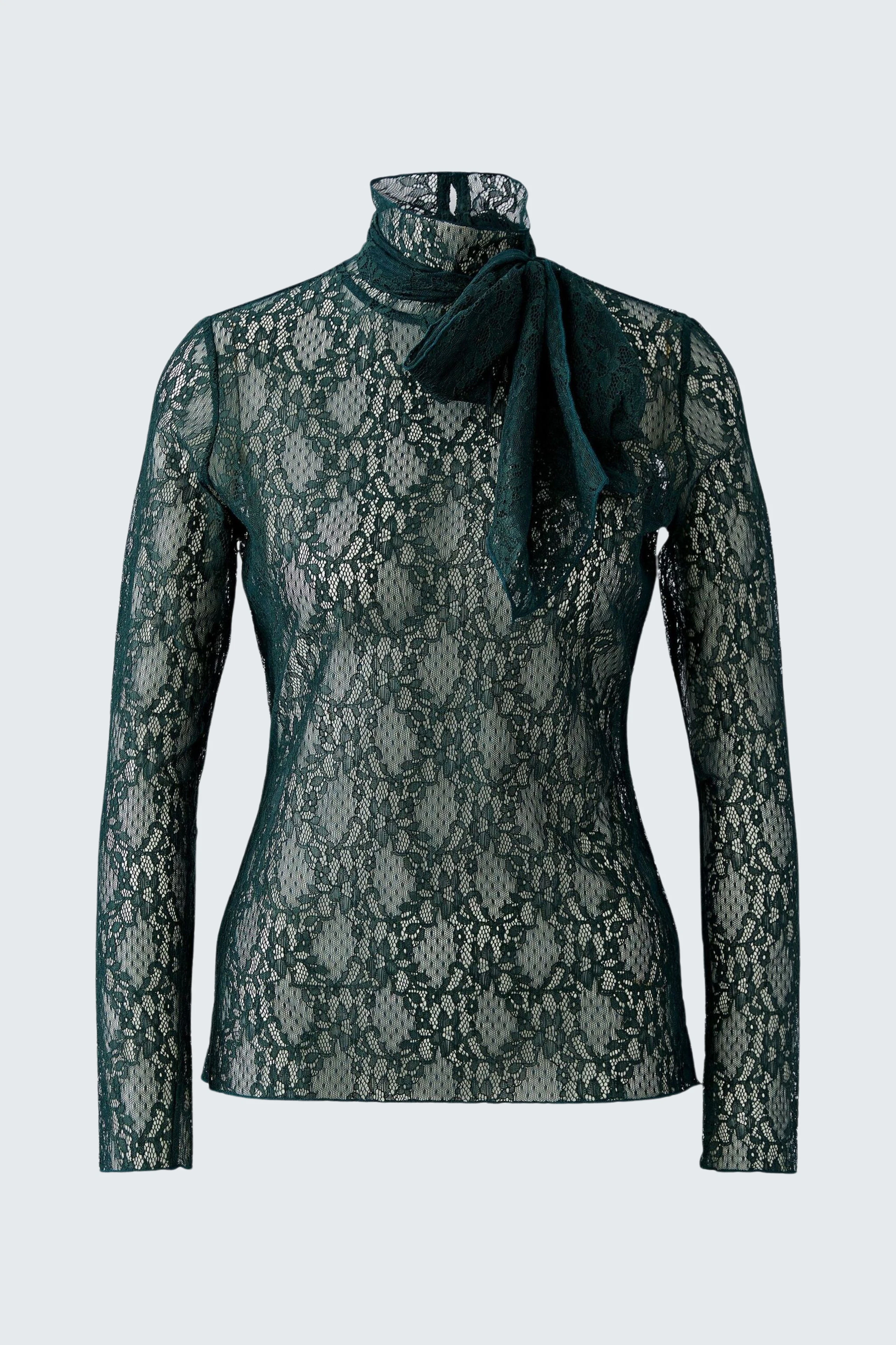 Spitzen-Langarmshirt in Grün: Transparentes Design mit Schleife am Kragen, ohne Model abgebildet.
