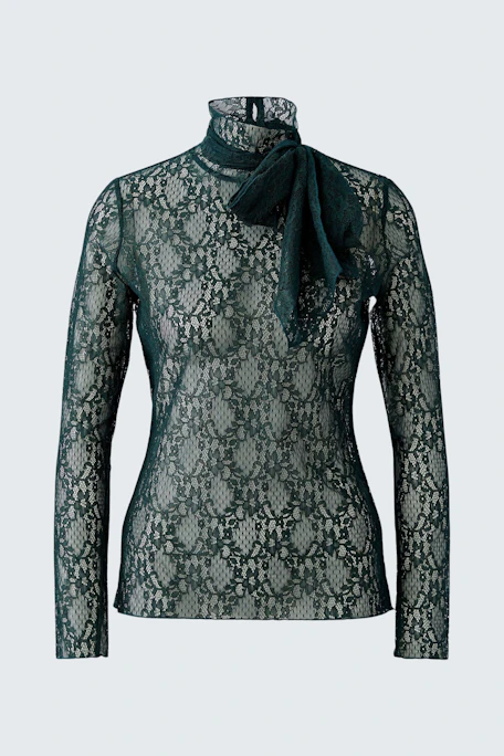 Spitzen-Langarmshirt in Grün: Transparentes Design mit Schleife am Kragen, ohne Model abgebildet.