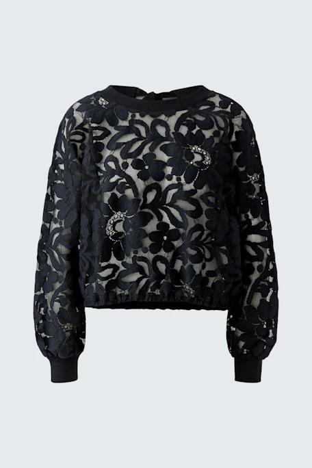 Schwarzer Damen-Pullover: Florales Muster, transparenter Look, ideal für modische Akzente.