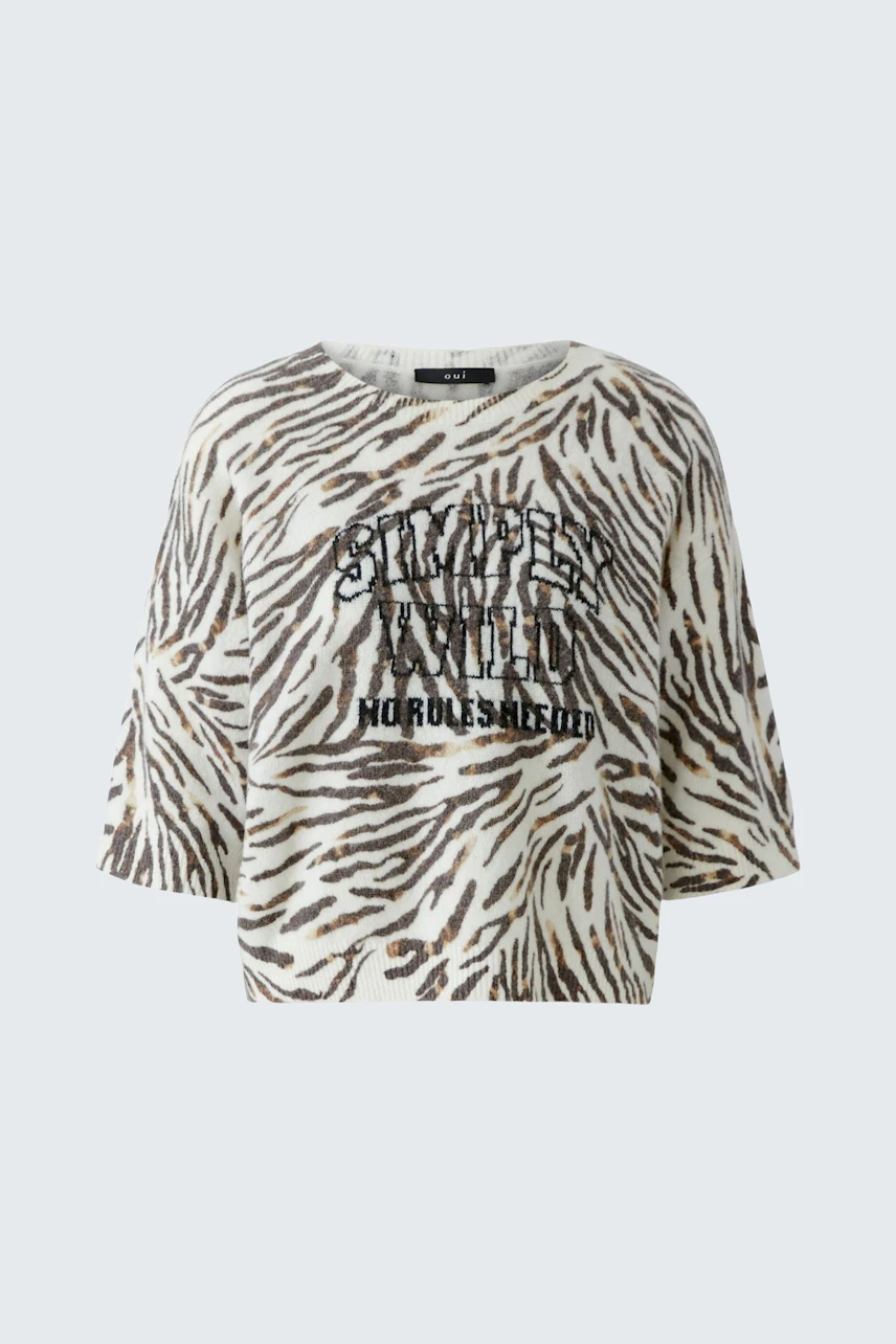 Lässiger Damen-Pullover: Zebra-Muster mit Schriftzug, lockerer Schnitt, ideal für einen entspannten Look.