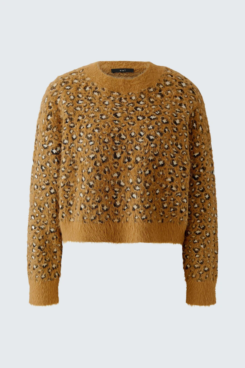 Gemusterter Damen-Pullover: Brauner Strickpullover mit Leopardenmuster, ideal für einen lässigen Look.