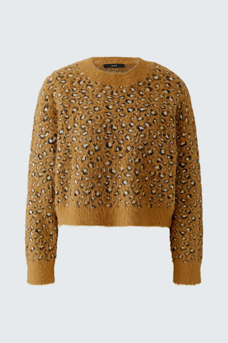 Gemusterter Damen-Pullover: Brauner Strickpullover mit Leopardenmuster, ideal für einen lässigen Look.