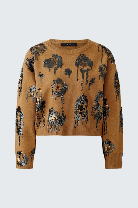 Brauner Damen-Pullover mit schwarzem Blumenmuster, ideal für einen lässigen Look.