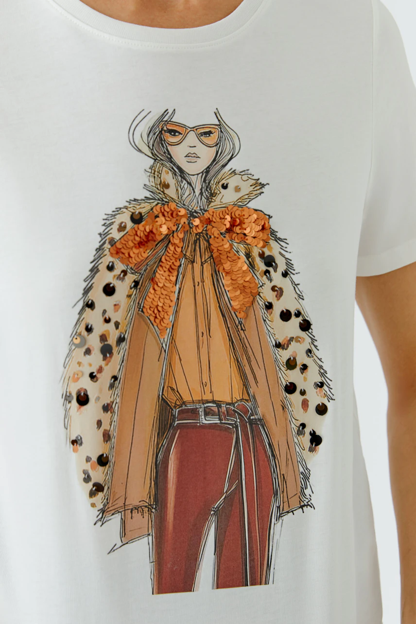 Women's T-shirt: White T-shirt with a stylish illustration of a woman in orange and leopard print.