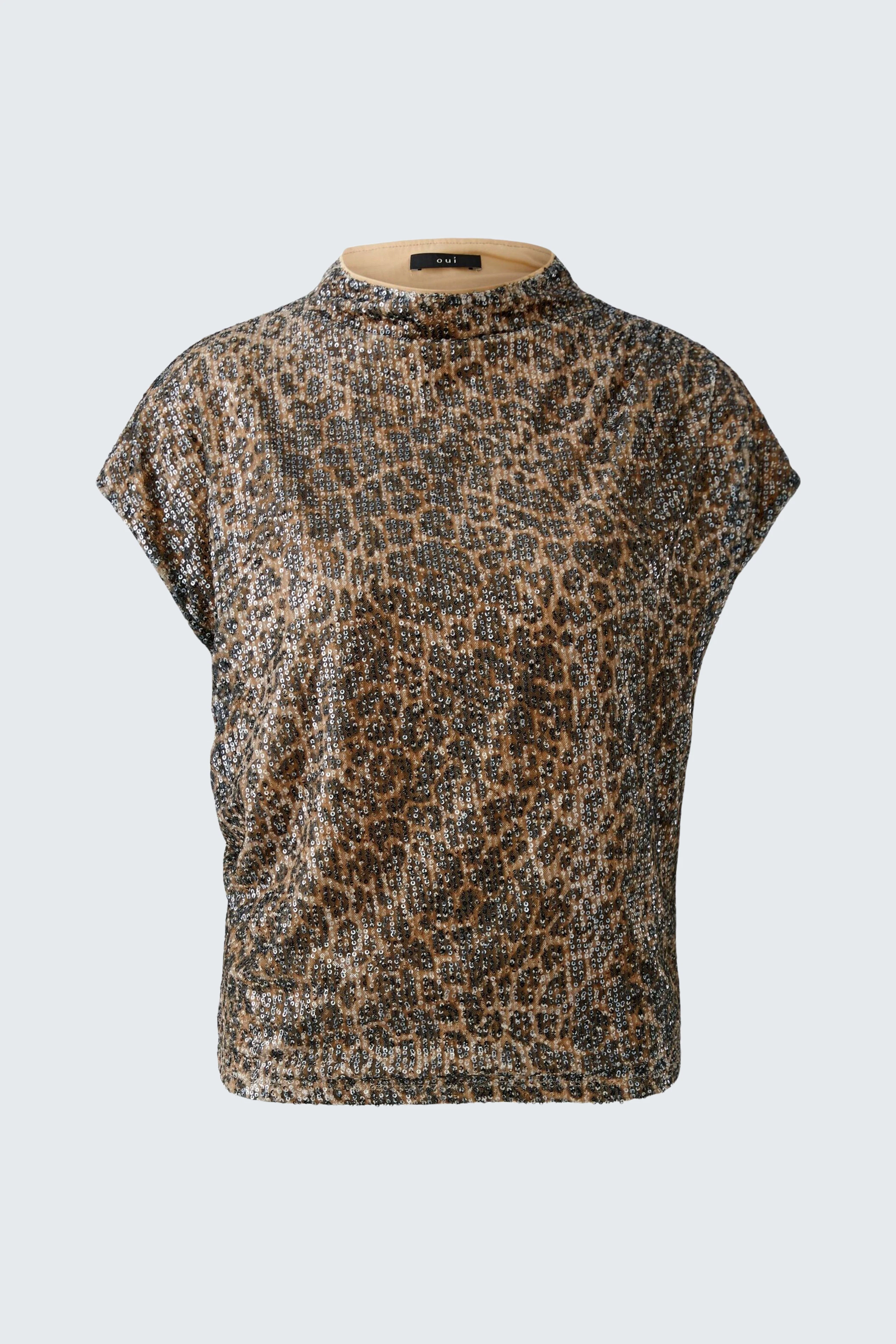 Leopardenmuster-Blusenshirt: Kurzärmeliges Shirt mit Stehkragen, ideal für einen modischen Look.