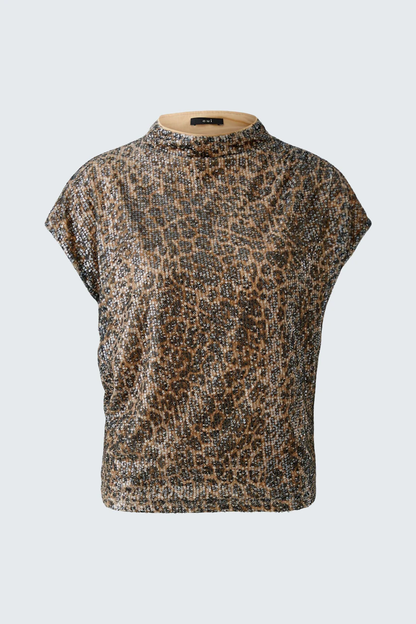 Leopardenmuster-Blusenshirt: Kurzärmeliges Shirt mit Stehkragen, ideal für einen modischen Look.
