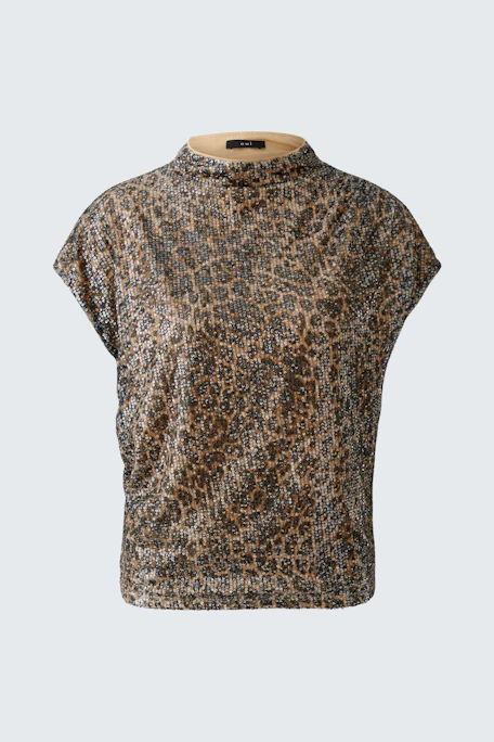 Leopardenmuster-Blusenshirt: Kurzärmeliges Shirt mit Stehkragen, ideal für einen modischen Look.
