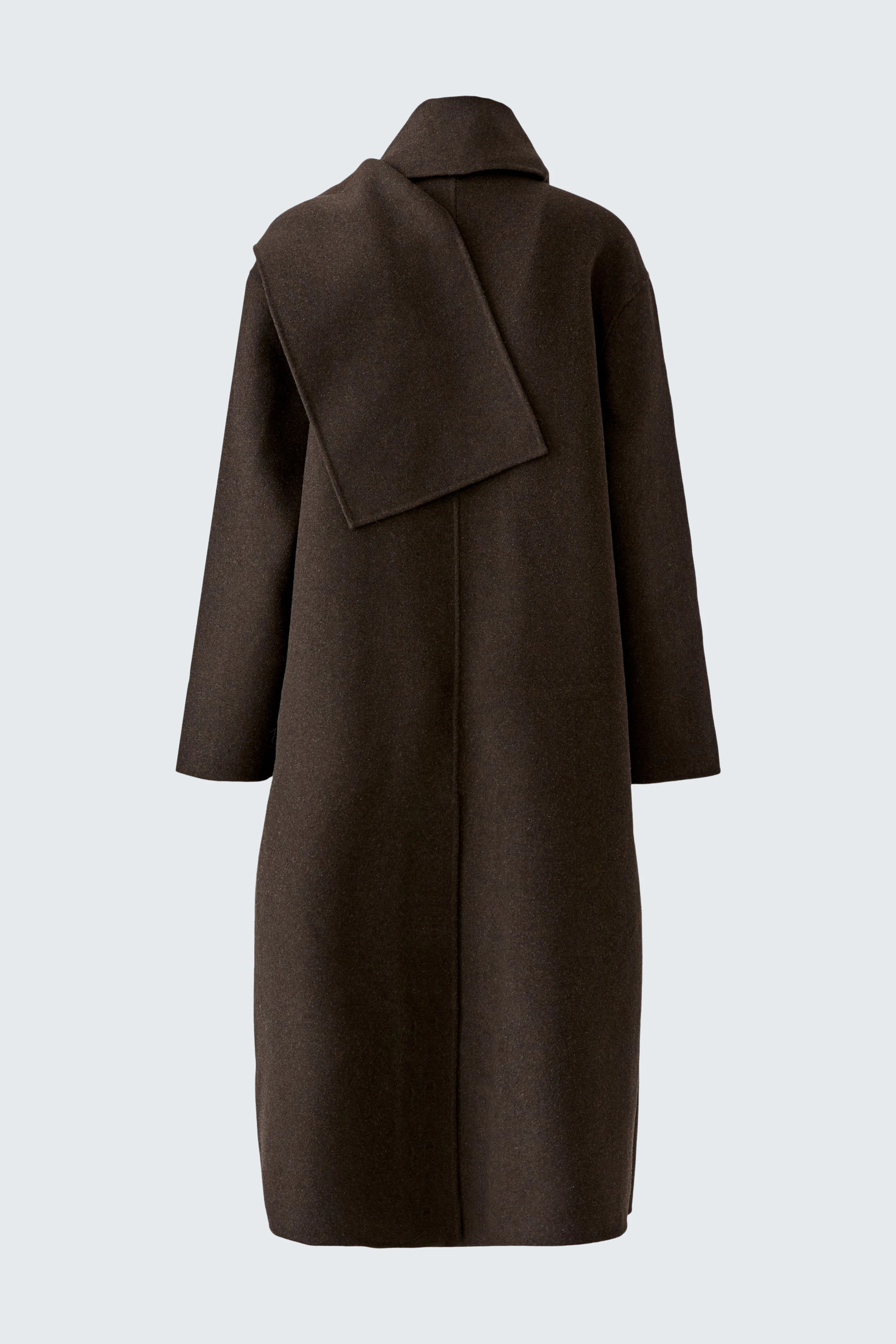 Women's winter coat: Long, dark brown coat with a wide collar and simple, straight cut.