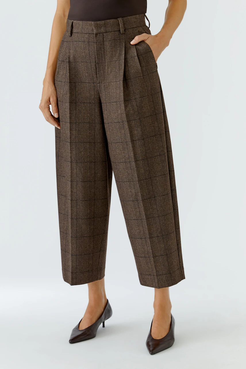 Woman in brown pleated trousers, cropped length, paired with dark heels, showcasing a chic, modern style.