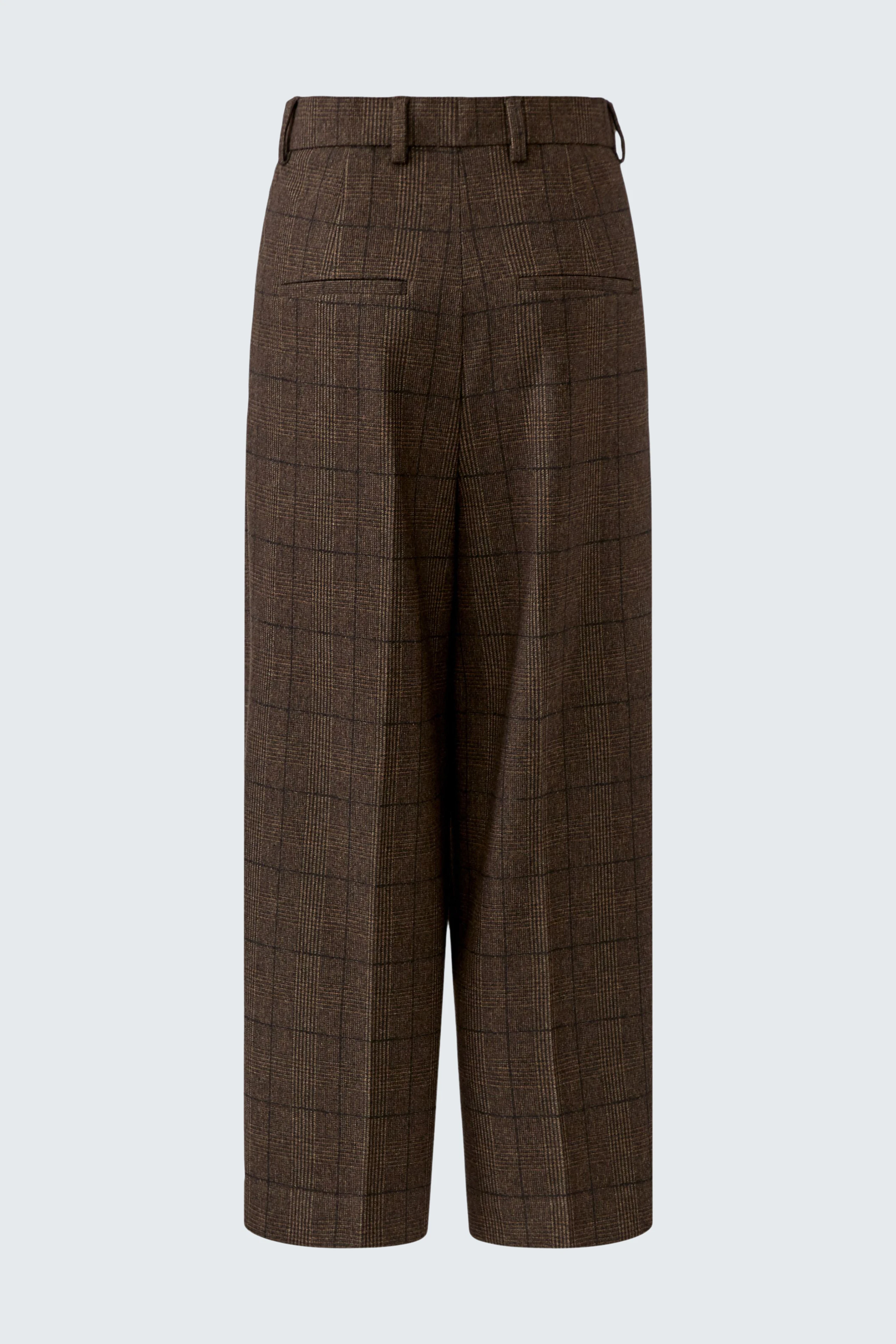 Brown pleated trousers: High-waisted, wide-leg design with subtle check pattern, no model shown.