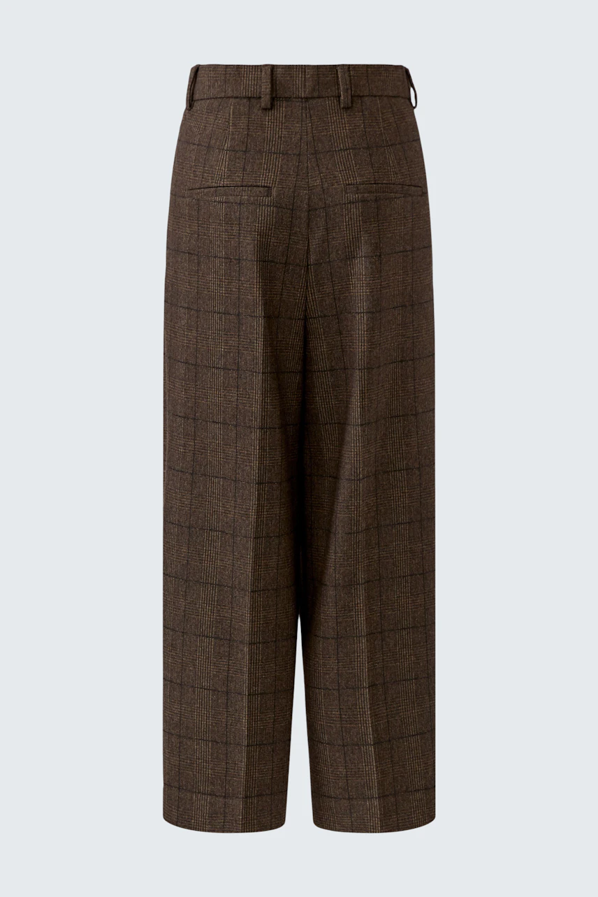Brown pleated trousers: High-waisted, wide-leg design with subtle check pattern, no model shown.
