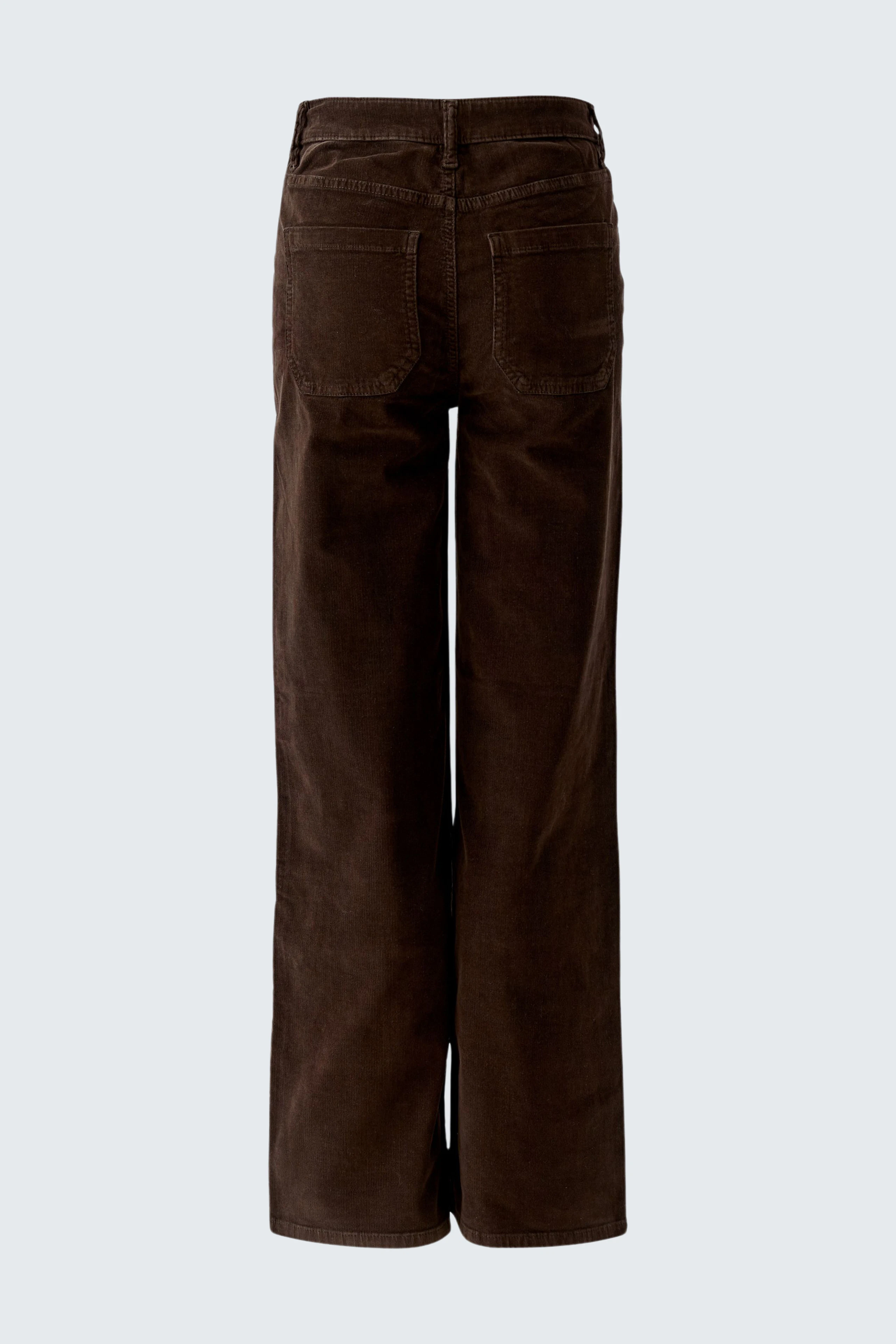 Braune Damen-Hose aus Cord, Rückansicht. Weites Bein, hoher Bund, ohne sichtbares Model.