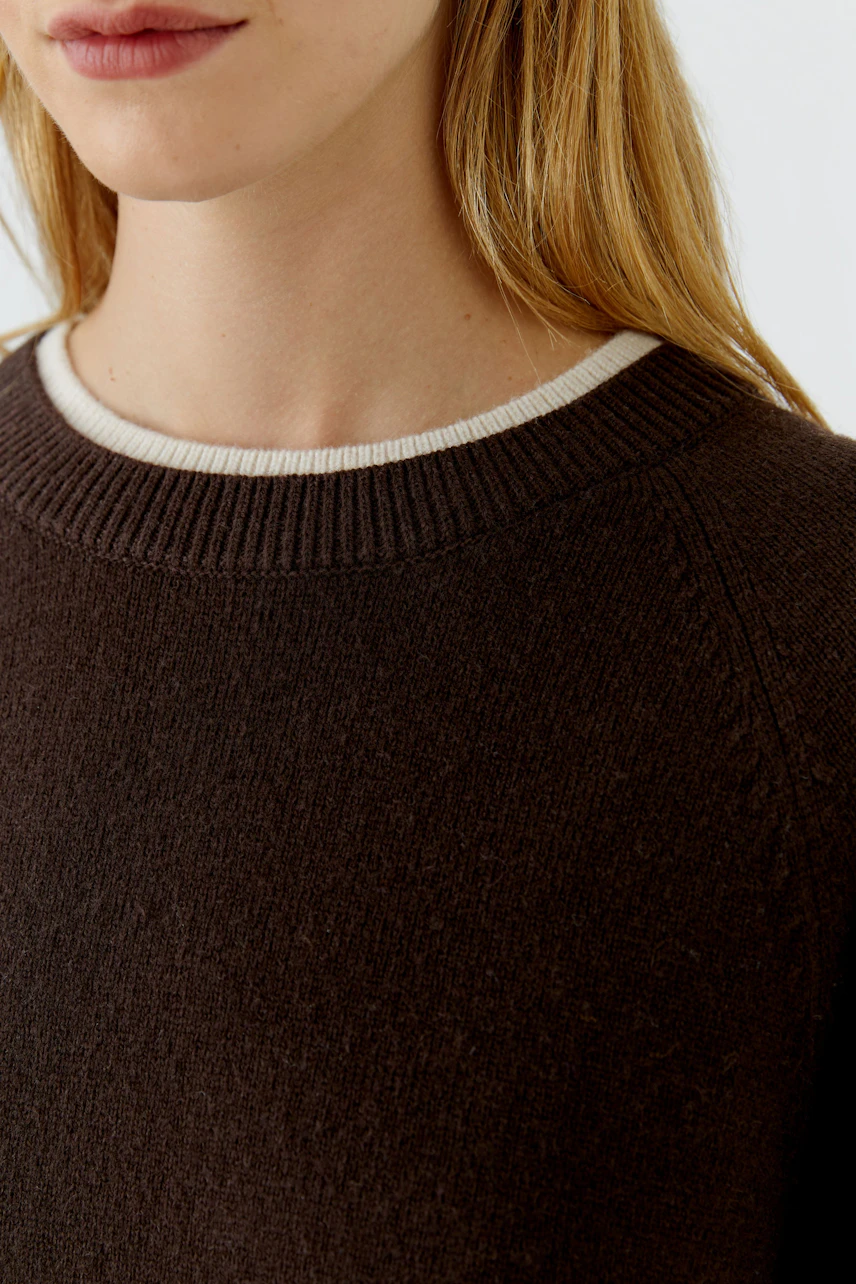 Damen-Pullover: Frau im braunen Pullover mit weißem Kragen, schlicht und bequem.