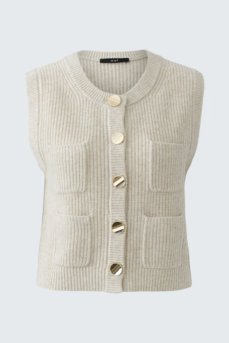 Beige Strickweste mit Knöpfen und Taschen, ohne Model. Ideal für lässige Outfits.
