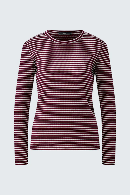 Gestreiftes Langarmshirt in Bordeaux und Weiß. Schlichtes Design, ideal für lässige Outfits.