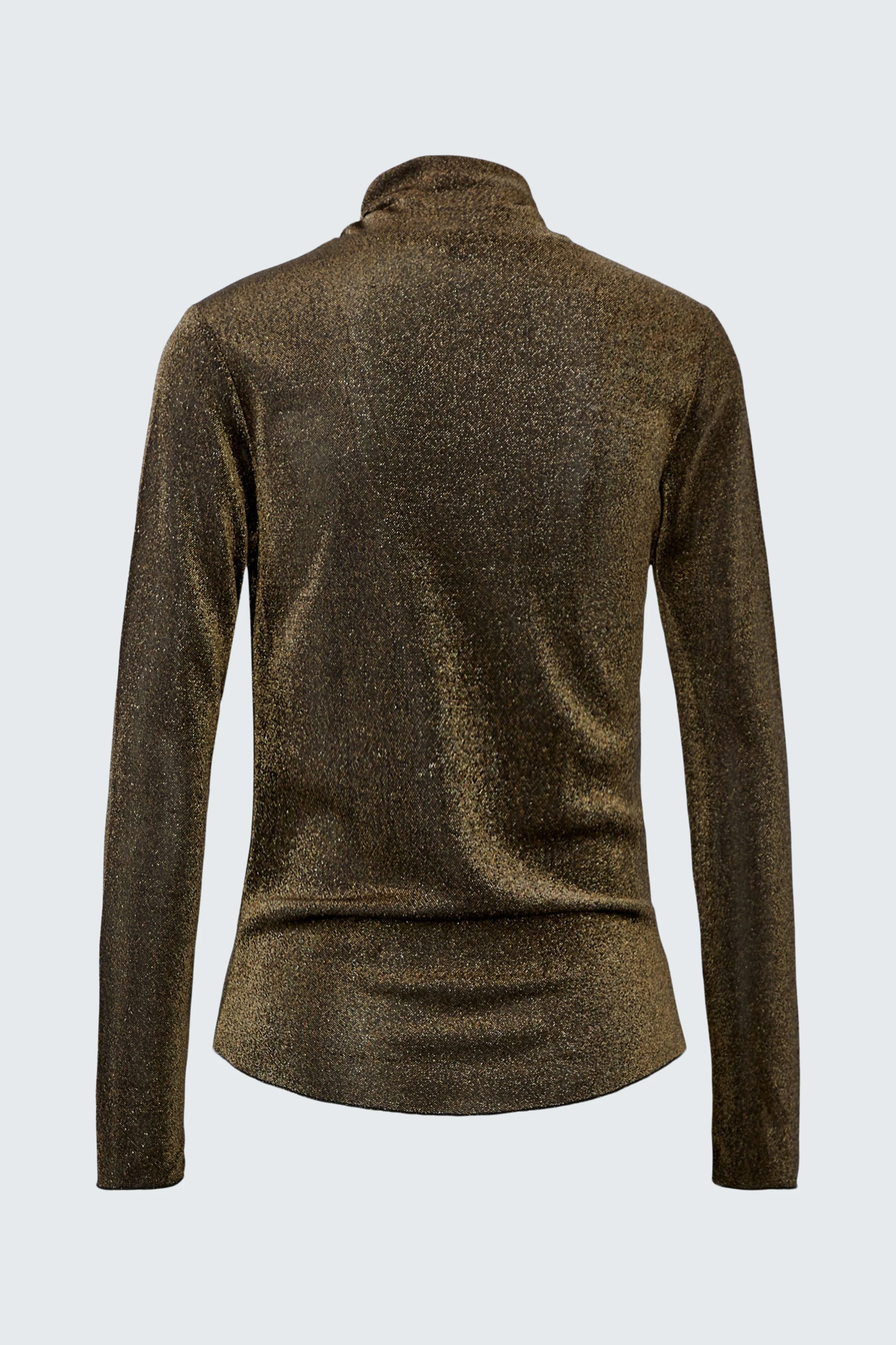Casual women's long-sleeve shirt in shimmering brown fabric, shown from the back.